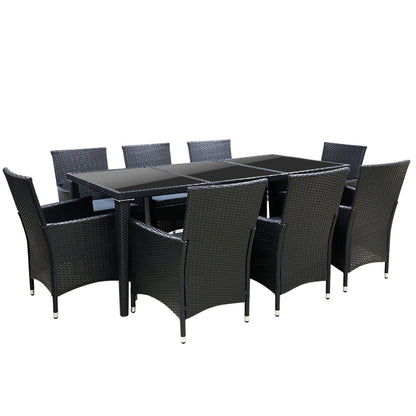 Gardeon Outdoor Dining Set 9 Piece Wicker Lounge Setting Black FF-DINING-9CLS-BK-ABCD