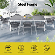 Gardeon Outdoor Dining Set 9 Piece Steel Table Chairs Setting White FF-DINING-9CLS-WH-ABC