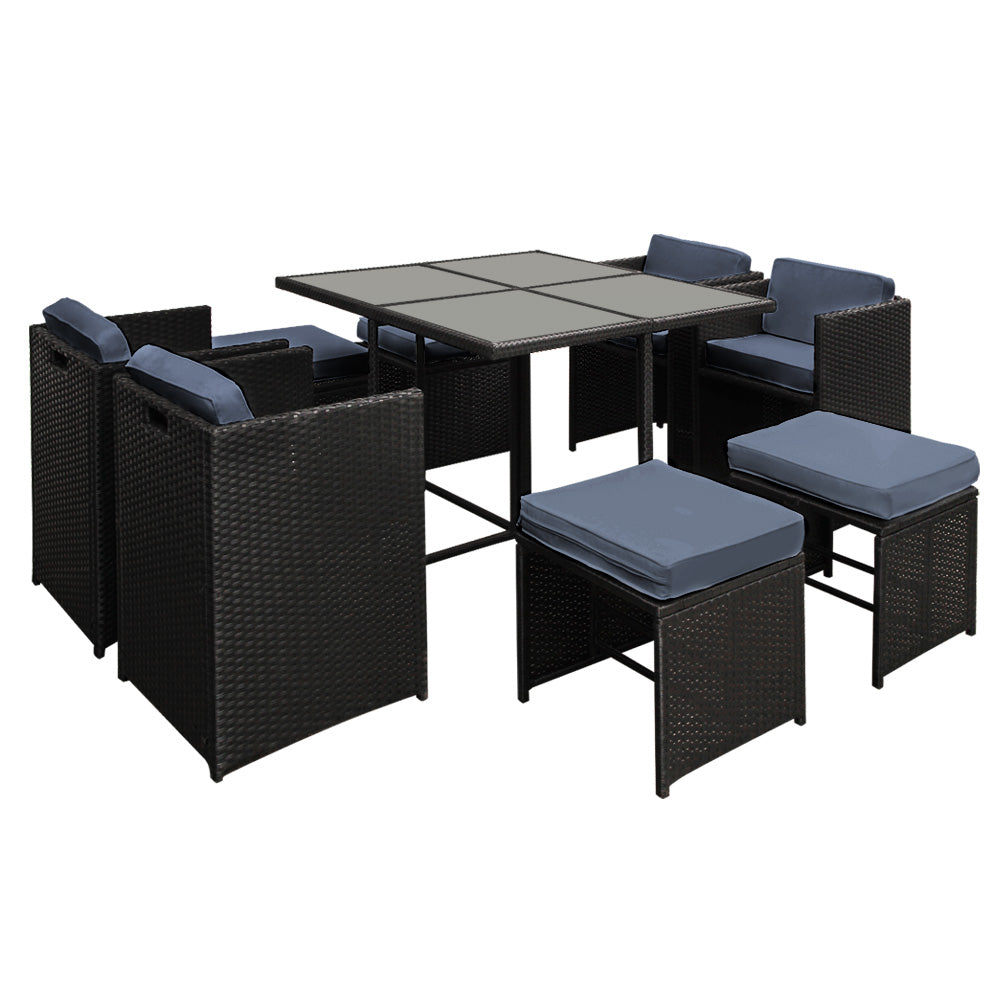 Gardeon Outdoor Dining Set 9 Piece Wicker Table Chairs Setting Black FF-DINING-9SET-BK