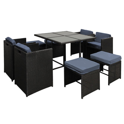 Gardeon Outdoor Dining Set 9 Piece Wicker Table Chairs Setting Black FF-DINING-9SET-BK
