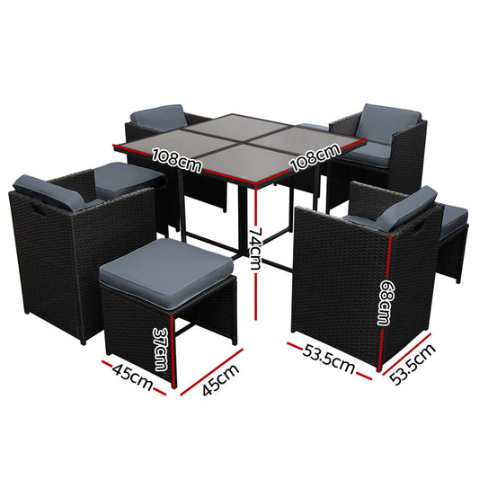 Gardeon Outdoor Dining Set 9 Piece Wicker Table Chairs Setting Black FF-DINING-9SET-BK