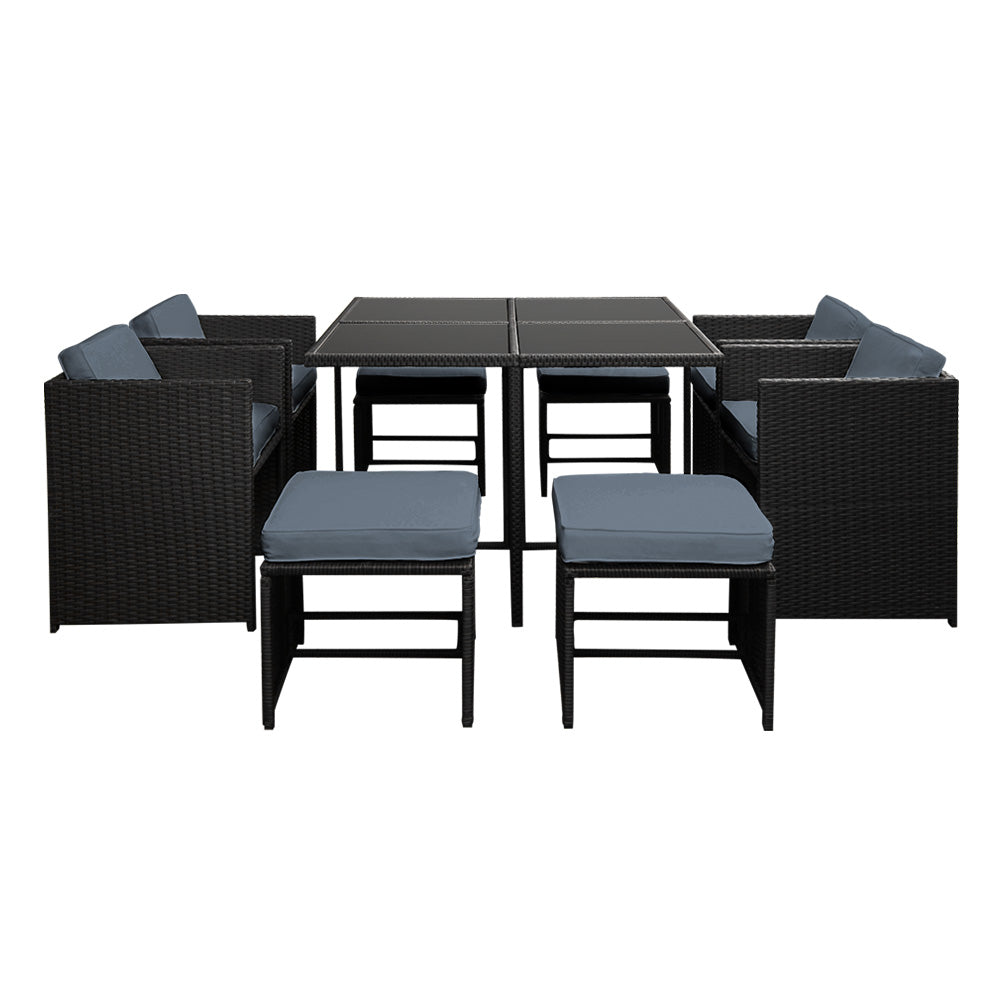Gardeon Outdoor Dining Set 9 Piece Wicker Table Chairs Setting Black FF-DINING-9SET-BK