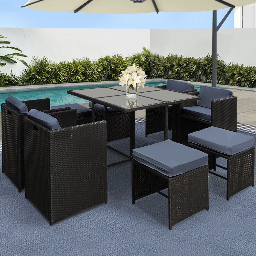 Gardeon Outdoor Dining Set 9 Piece Wicker Table Chairs Setting Black FF-DINING-9SET-BK
