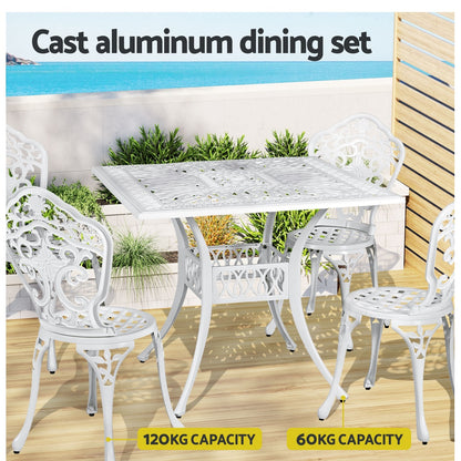 Gardeon Outdoor Dining Set 5 Piece Chairs Table Cast Aluminum Patio White FF-DINING-CALU-WH-AB