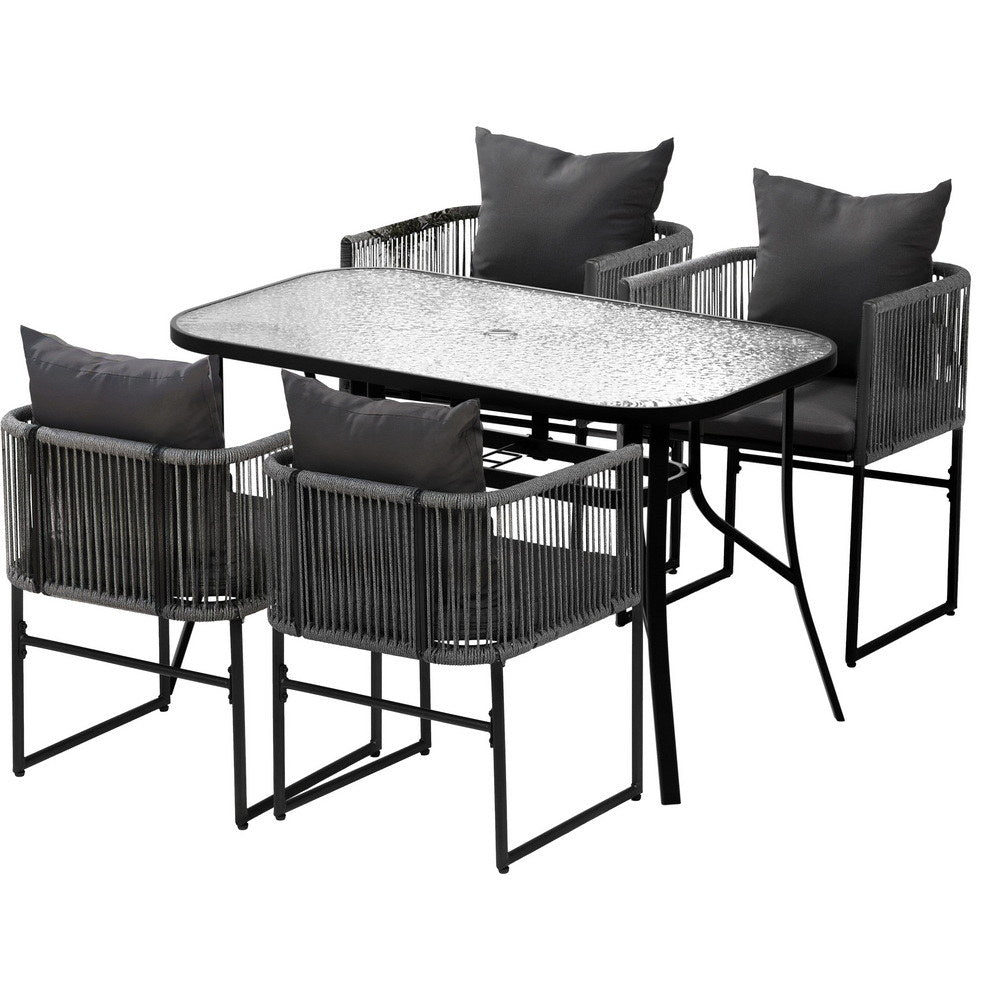 Gardeon 5PCS Outdoor Dining Set Table and Chairs Rope Patio Furniture Garden Black FF-DINING-ROPE-120-5PC