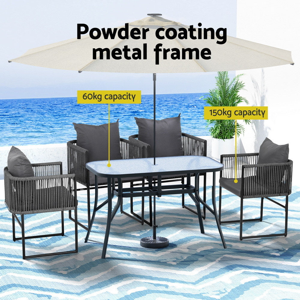 Gardeon 5PCS Outdoor Dining Set Table and Chairs Rope Patio Furniture Garden Black FF-DINING-ROPE-120-5PC