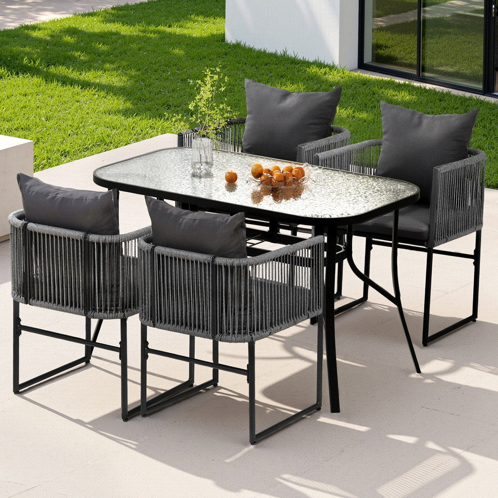 Gardeon 5PCS Outdoor Dining Set Table and Chairs Rope Patio Furniture Garden Black FF-DINING-ROPE-120-5PC