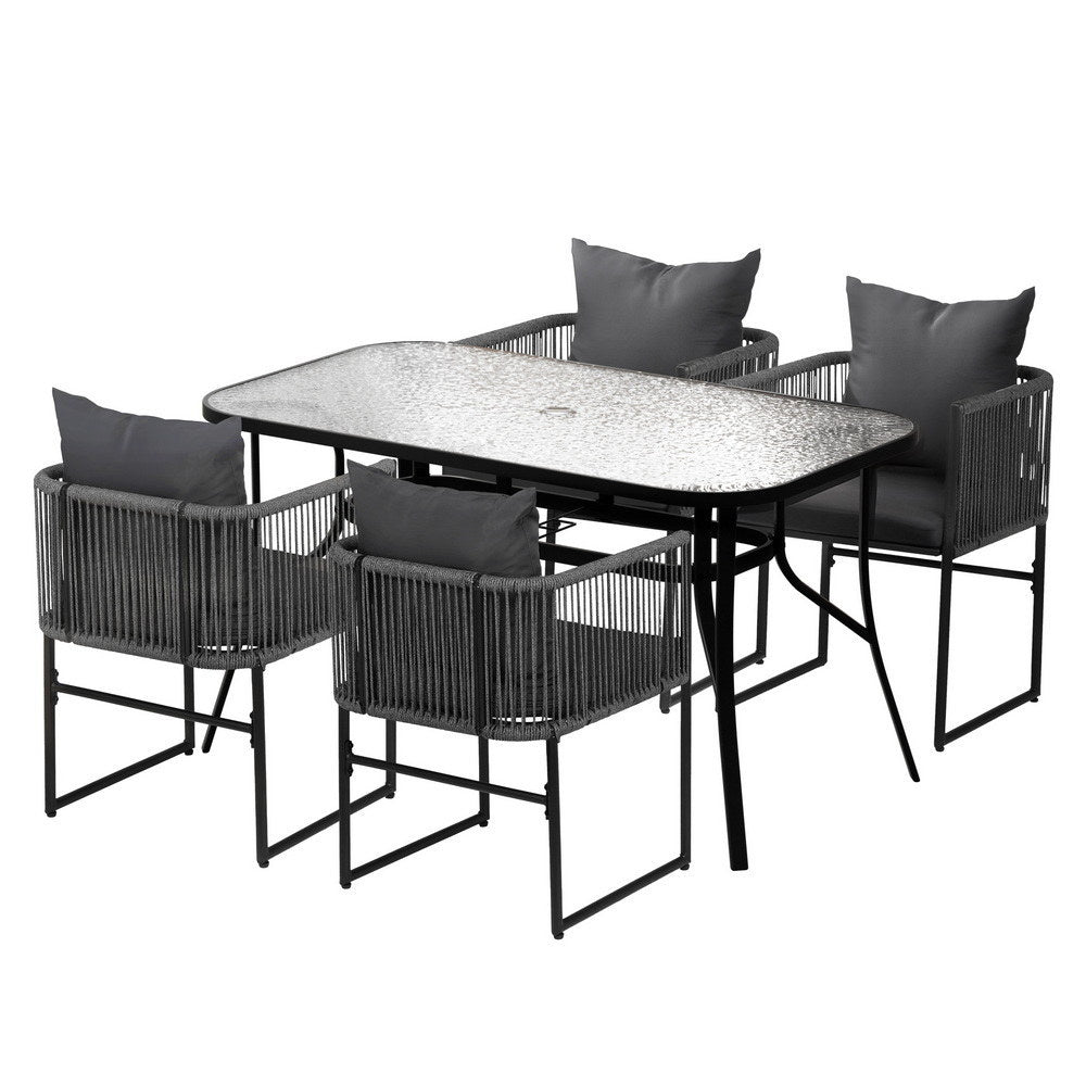 Gardeon 5PC Outdoor Dining Set Table and Chairs Patio Furniture Garden Bistro Set Black FF-DINING-ROPE-140-5PC