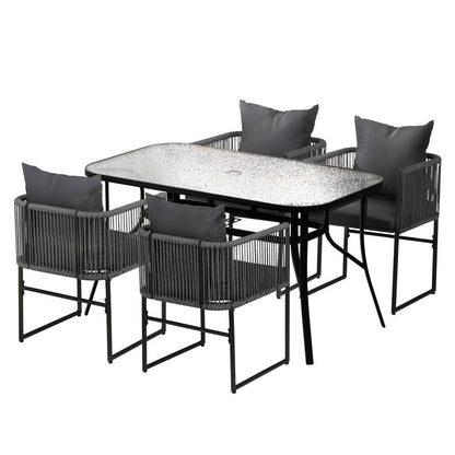 Gardeon 5PC Outdoor Dining Set Table and Chairs Patio Furniture Garden Bistro Set Black FF-DINING-ROPE-140-5PC