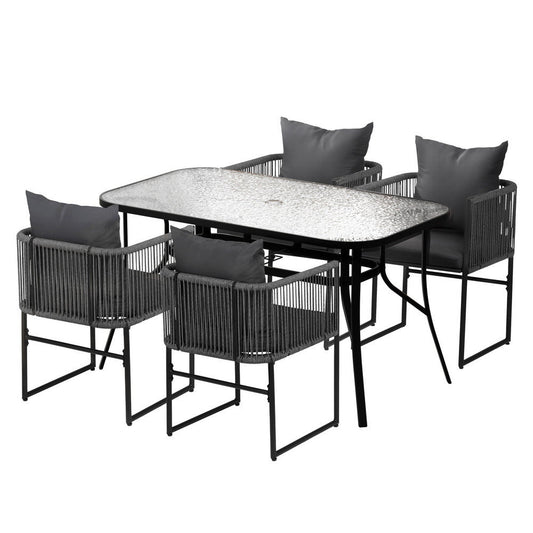 Gardeon 5PC Outdoor Dining Set Table and Chairs Patio Furniture Garden Bistro Set Black FF-DINING-ROPE-140-5PC