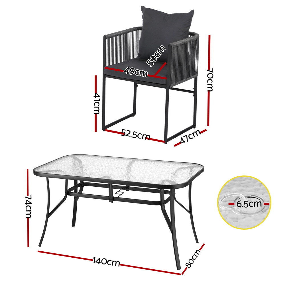 Gardeon 5PC Outdoor Dining Set Table and Chairs Patio Furniture Garden Bistro Set Black FF-DINING-ROPE-140-5PC
