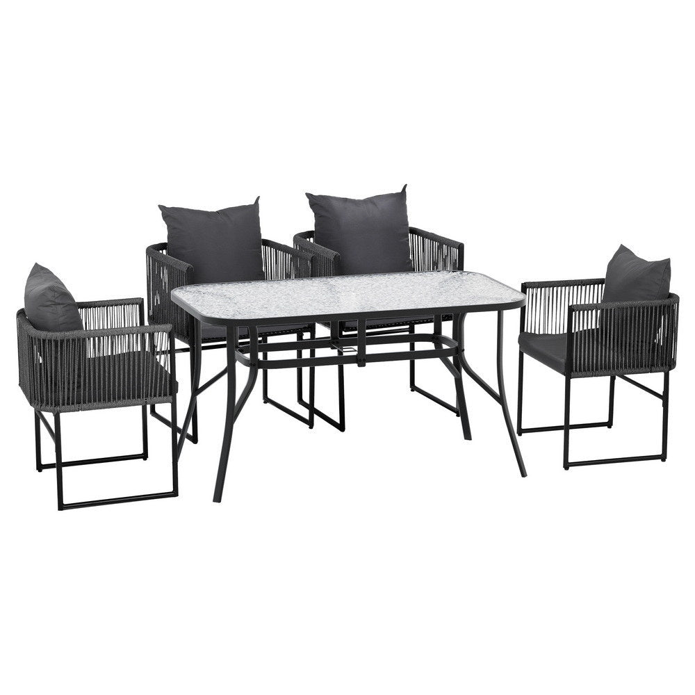 Gardeon 5PC Outdoor Dining Set Table and Chairs Patio Furniture Garden Bistro Set Black FF-DINING-ROPE-140-5PC