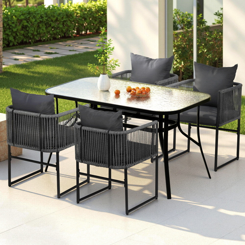 Gardeon 5PC Outdoor Dining Set Table and Chairs Patio Furniture Garden Bistro Set Black FF-DINING-ROPE-140-5PC