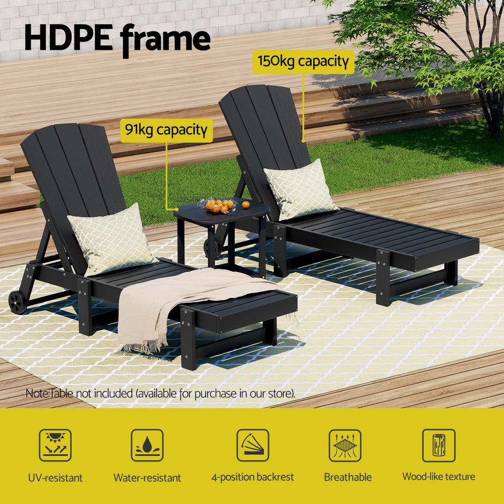 Gardeon Sun Lounge Lounger Table and Chairs Beach Chair HDPE Patio Outdoor Furniture Wheels Black FF-LOUNGE-3ADHE-BK