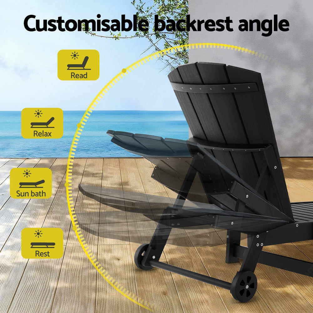 Gardeon Sun Lounge Lounger Table and Chairs Beach Chair HDPE Patio Outdoor Furniture Wheels Black FF-LOUNGE-3ADHE-BK