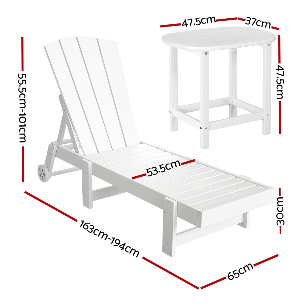 Gardeon Sun Lounge Lounger Table and Chairs Beach Chair Adirondack HDPE Patio Outdoor Furniture Wheels White FF-LOUNGE-3ADHE-WH