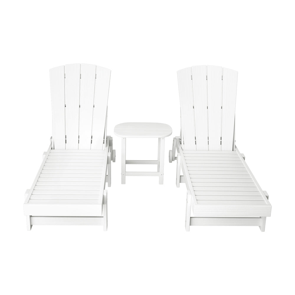 Gardeon Sun Lounge Lounger Table and Chairs Beach Chair Adirondack HDPE Patio Outdoor Furniture Wheels White FF-LOUNGE-3ADHE-WH