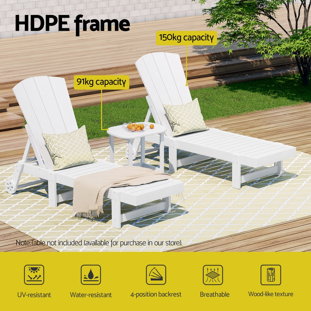 Gardeon Sun Lounge Lounger Table and Chairs Beach Chair Adirondack HDPE Patio Outdoor Furniture Wheels White FF-LOUNGE-3ADHE-WH