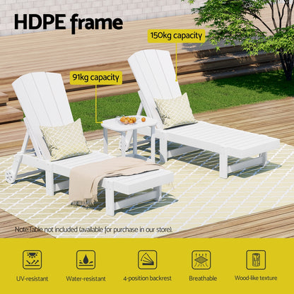 Gardeon Sun Lounge Lounger Table and Chairs Beach Chair Adirondack HDPE Patio Outdoor Furniture Wheels White FF-LOUNGE-3ADHE-WH