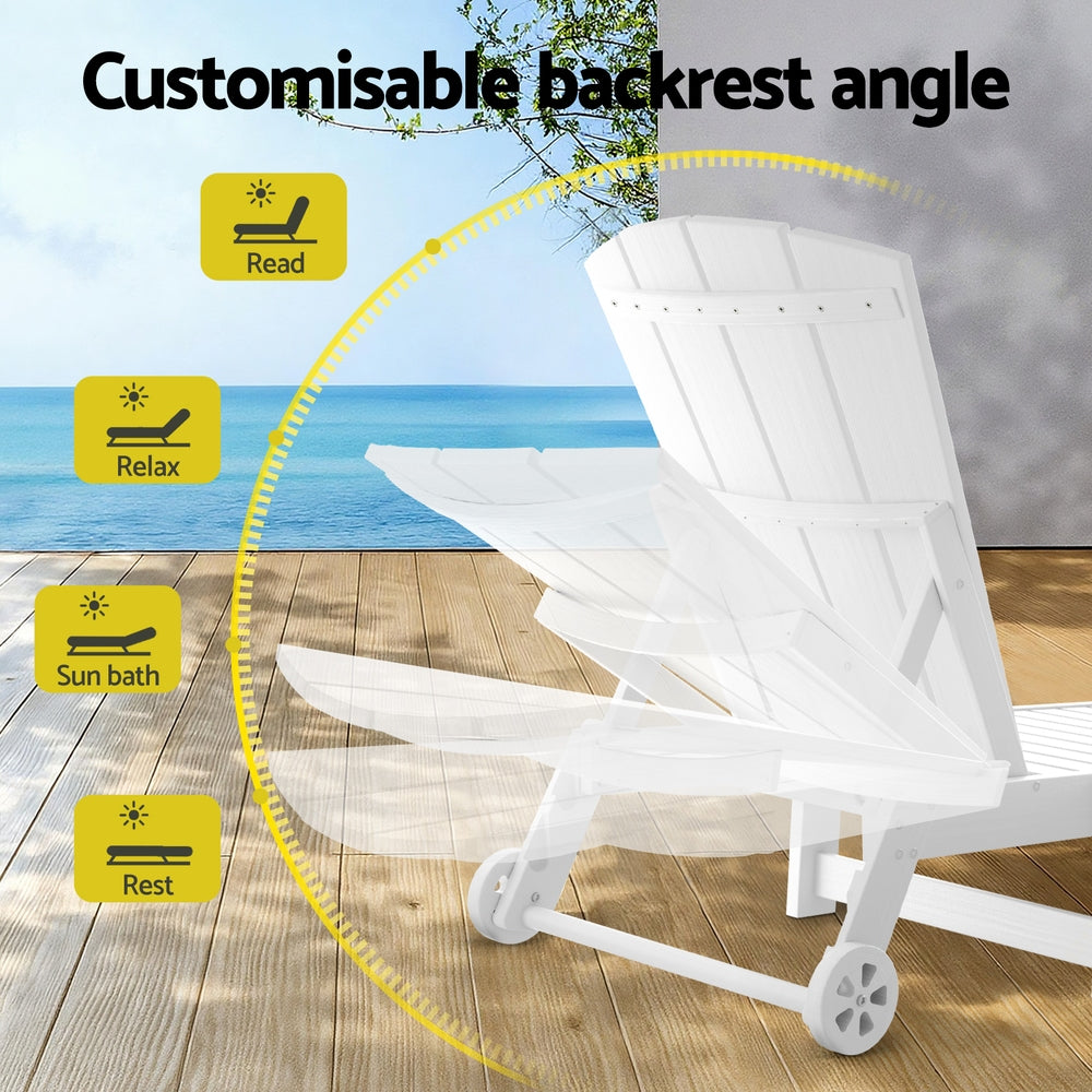 Gardeon Sun Lounge Lounger Table and Chairs Beach Chair Adirondack HDPE Patio Outdoor Furniture Wheels White FF-LOUNGE-3ADHE-WH