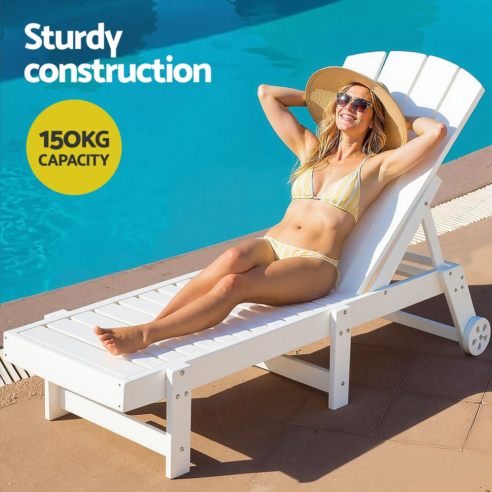 Gardeon Sun Lounge Lounger Table and Chairs Beach Chair Adirondack HDPE Patio Outdoor Furniture Wheels White FF-LOUNGE-3ADHE-WH