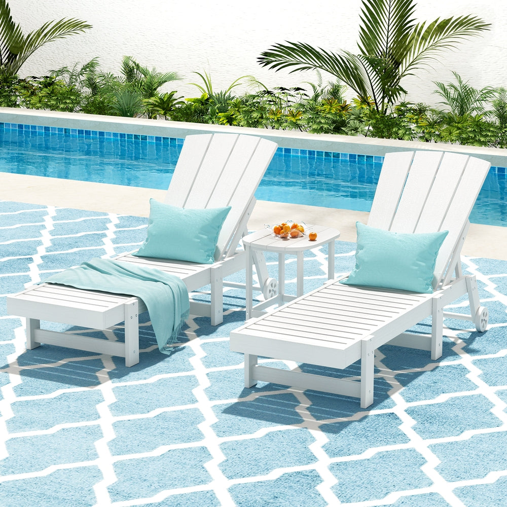 Gardeon Sun Lounge Lounger Table and Chairs Beach Chair Adirondack HDPE Patio Outdoor Furniture Wheels White FF-LOUNGE-3ADHE-WH