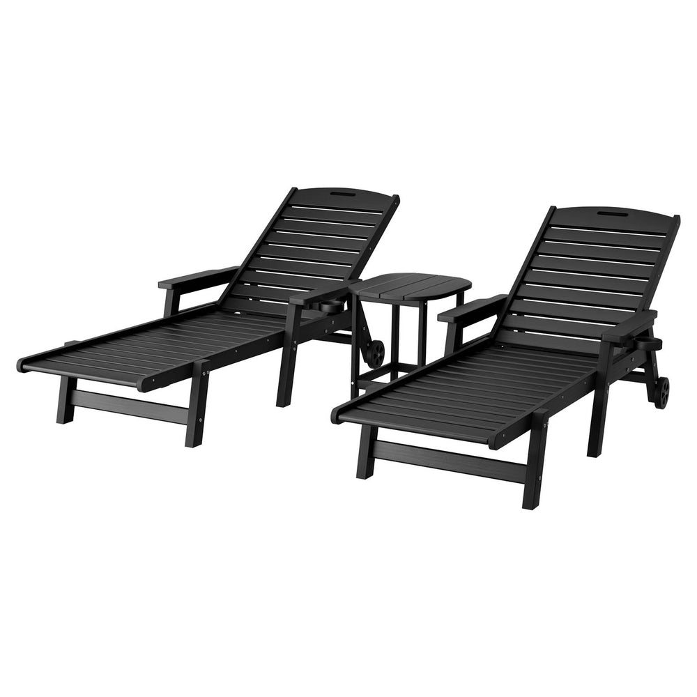 Gardeon Sun Lounge Lounger Beach Chair HDPE Patio Outdoor Furniture with Wheels Black FF-LOUNGE-3HE-BK