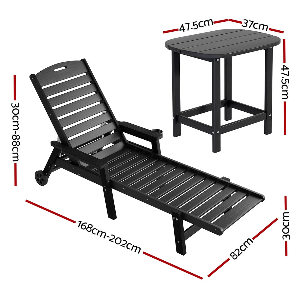 Gardeon Sun Lounge Lounger Beach Chair HDPE Patio Outdoor Furniture with Wheels Black FF-LOUNGE-3HE-BK