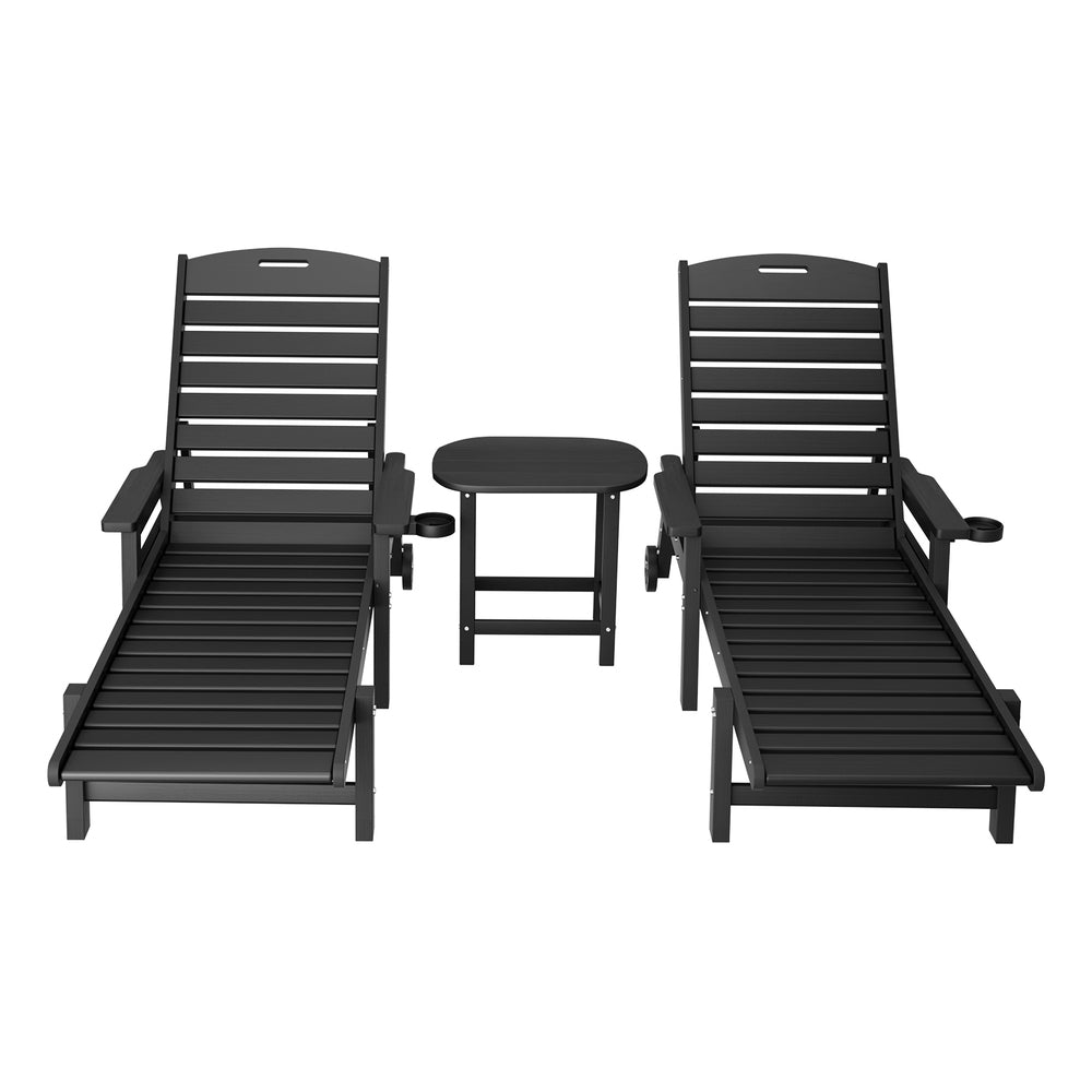 Gardeon Sun Lounge Lounger Beach Chair HDPE Patio Outdoor Furniture with Wheels Black FF-LOUNGE-3HE-BK