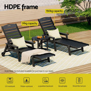 Gardeon Sun Lounge Lounger Beach Chair HDPE Patio Outdoor Furniture with Wheels Black FF-LOUNGE-3HE-BK