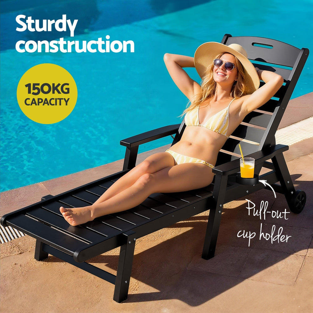 Gardeon Sun Lounge Lounger Beach Chair HDPE Patio Outdoor Furniture with Wheels Black FF-LOUNGE-3HE-BK