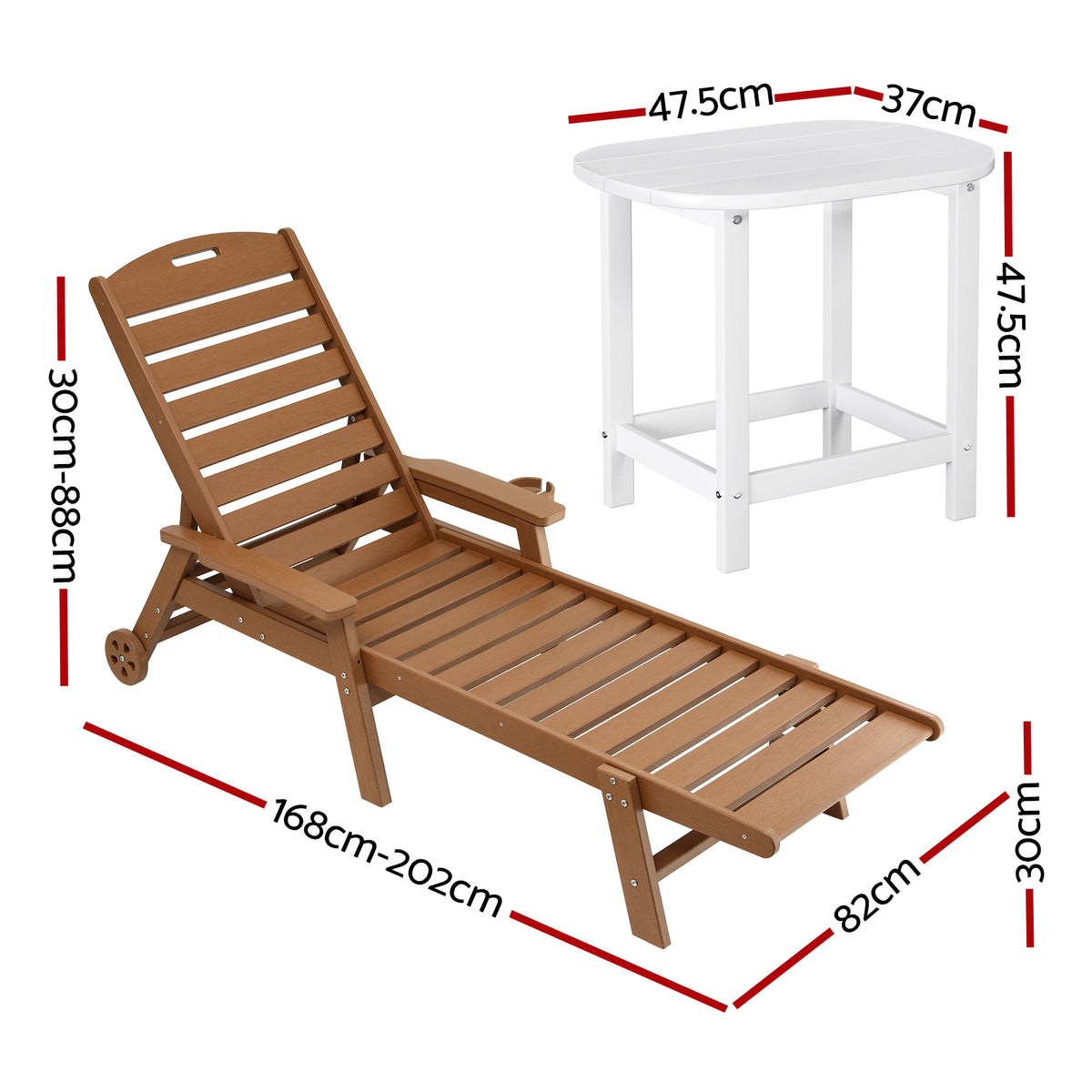 Gardeon Sun Lounge Lounger Table and Chairs Beach Chair HDPE Patio Outdoor Furniture Wheels Brown