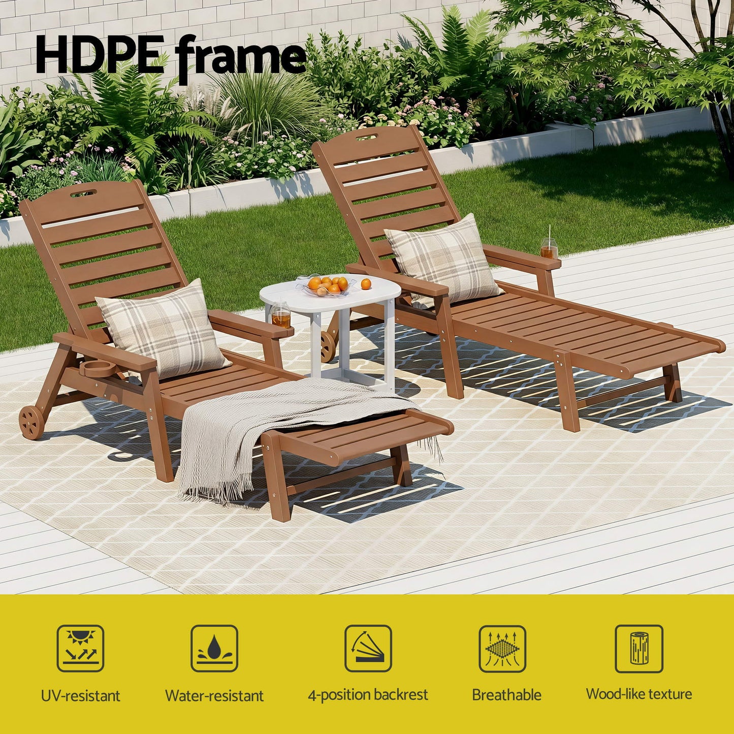 Gardeon Sun Lounge Lounger Table and Chairs Beach Chair HDPE Patio Outdoor Furniture Wheels Brown FF-LOUNGE-3HE-BR
