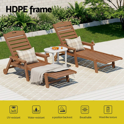 Gardeon Sun Lounge Lounger Table and Chairs Beach Chair HDPE Patio Outdoor Furniture Wheels Brown FF-LOUNGE-3HE-BR