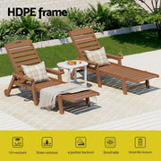 Gardeon Sun Lounge Lounger Table and Chairs Beach Chair HDPE Patio Outdoor Furniture Wheels Brown