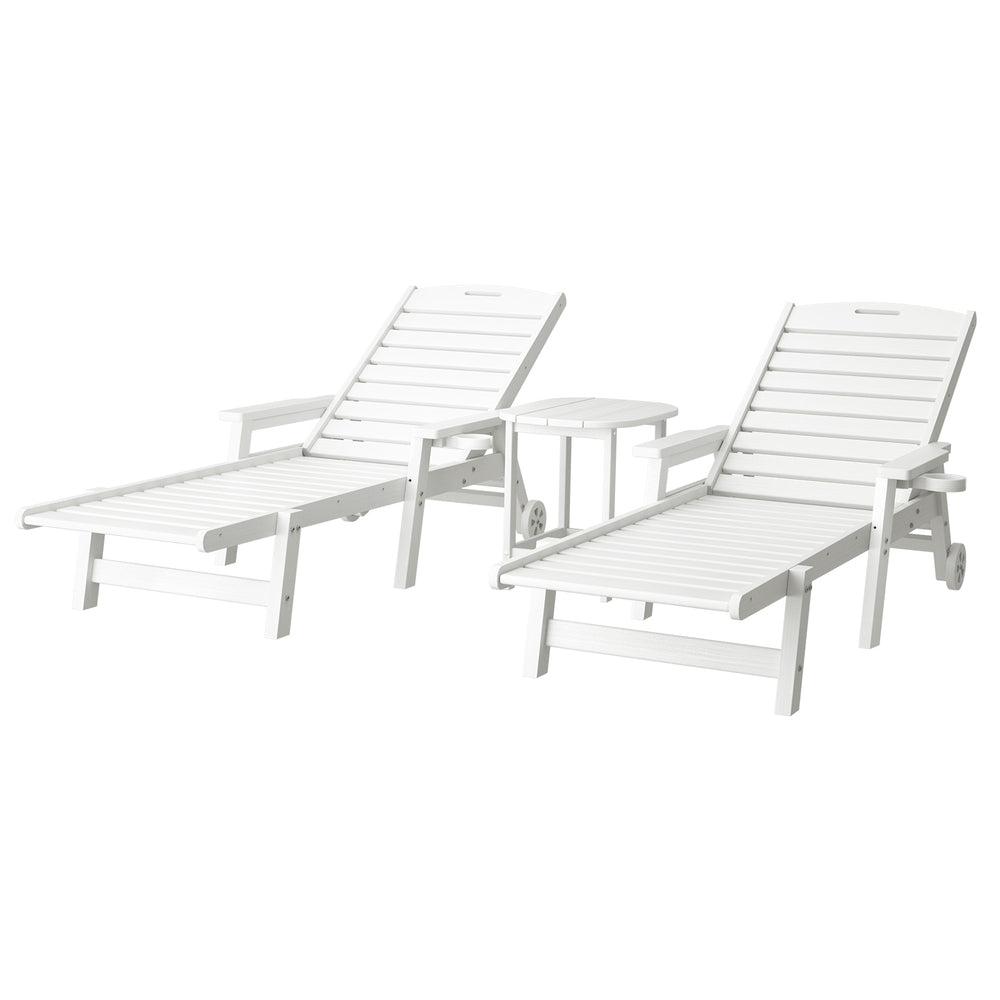 Gardeon Sun Lounge Lounger Beach Chair HDPE Patio Outdoor Furniture with Wheels White FF-LOUNGE-3HE-WH