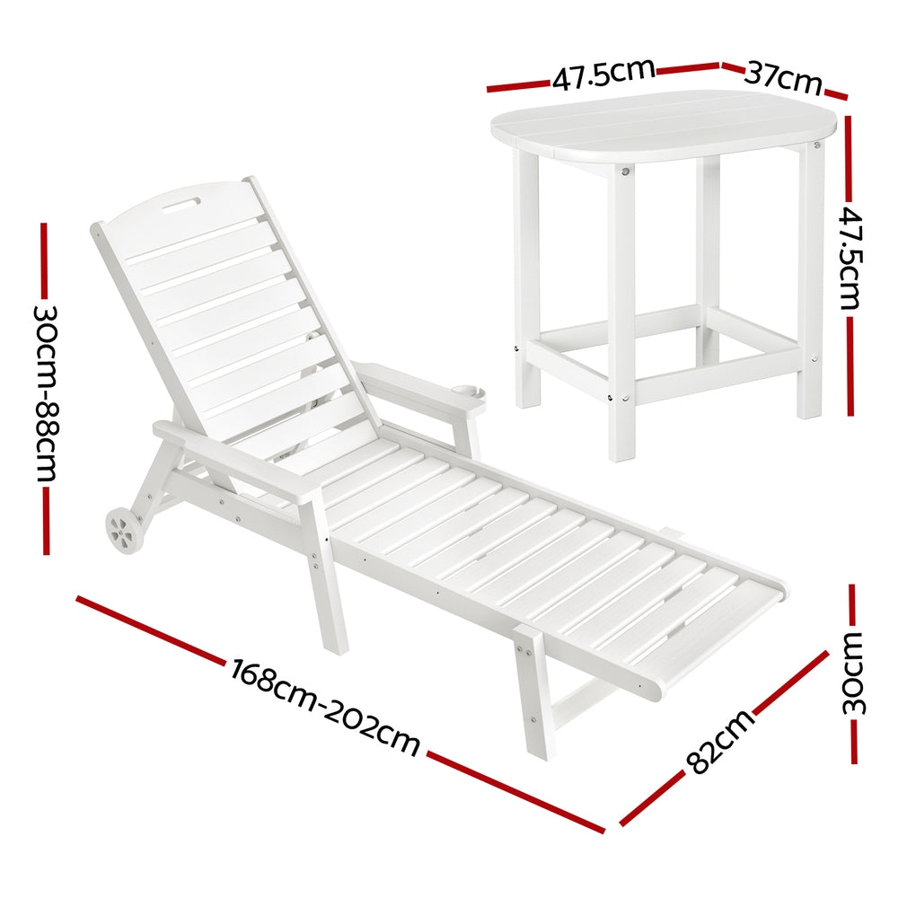 Gardeon Sun Lounge Lounger Beach Chair HDPE Patio Outdoor Furniture with Wheels White FF-LOUNGE-3HE-WH