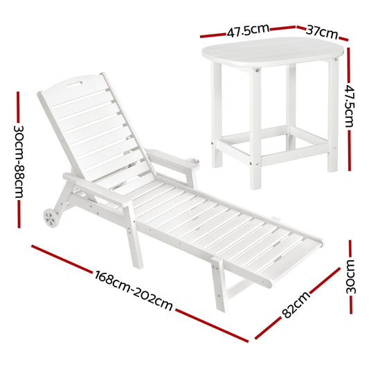 Gardeon Sun Lounge Lounger Beach Chair HDPE Patio Outdoor Furniture with Wheels White FF-LOUNGE-3HE-WH