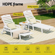 Gardeon Sun Lounge Lounger Beach Chair HDPE Patio Outdoor Furniture with Wheels White FF-LOUNGE-3HE-WH