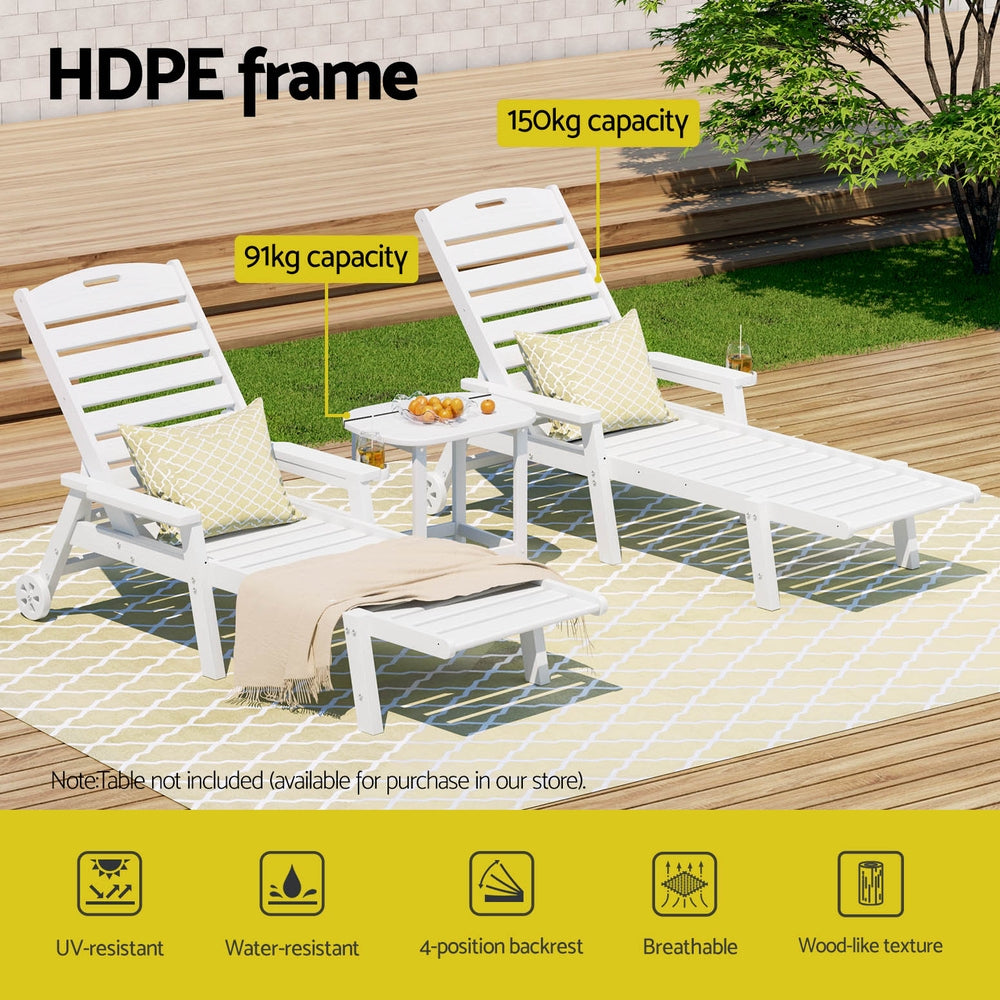 Gardeon Sun Lounge Lounger Beach Chair HDPE Patio Outdoor Furniture with Wheels White FF-LOUNGE-3HE-WH