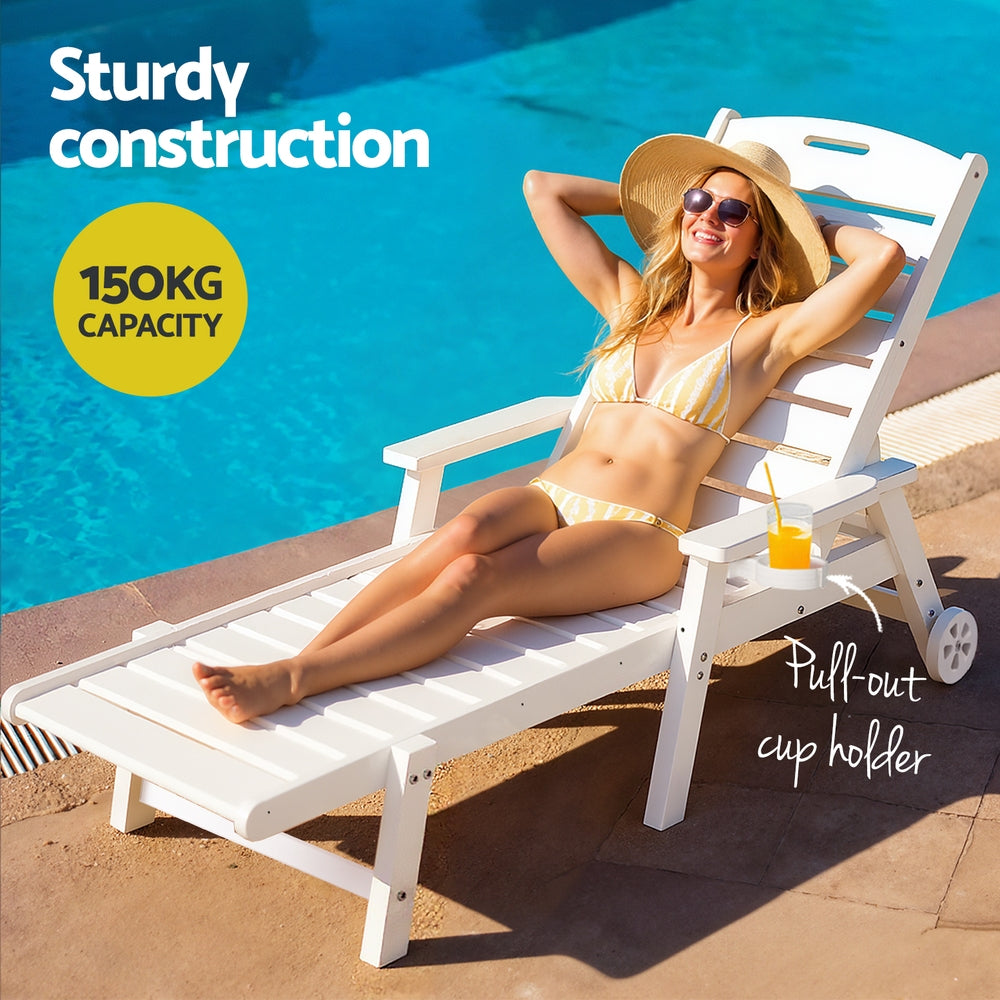 Gardeon Sun Lounge Lounger Beach Chair HDPE Patio Outdoor Furniture with Wheels White FF-LOUNGE-3HE-WH