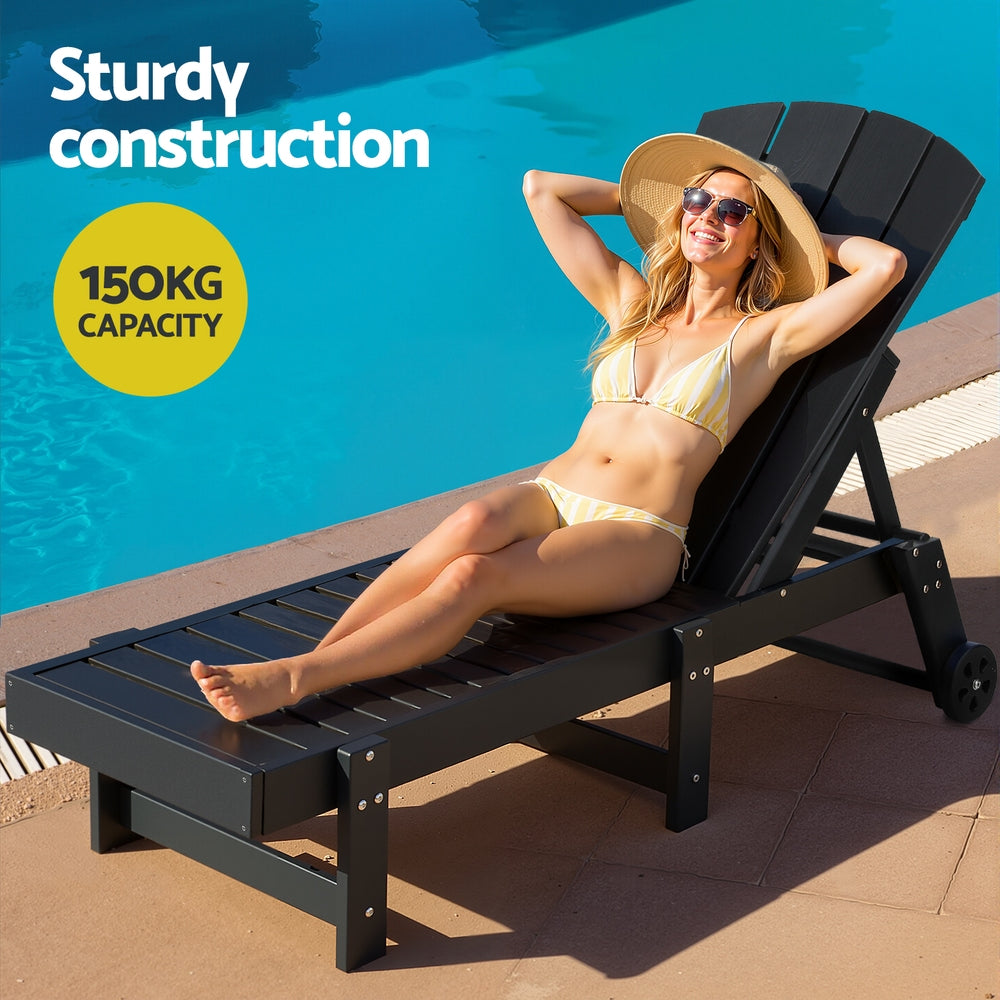 Gardeon Sun Lounge Beach Chair HDPE Adirondack Lounger Patio Outdoor Furniture with Wheels Black FF-LOUNGE-ADHE-BK