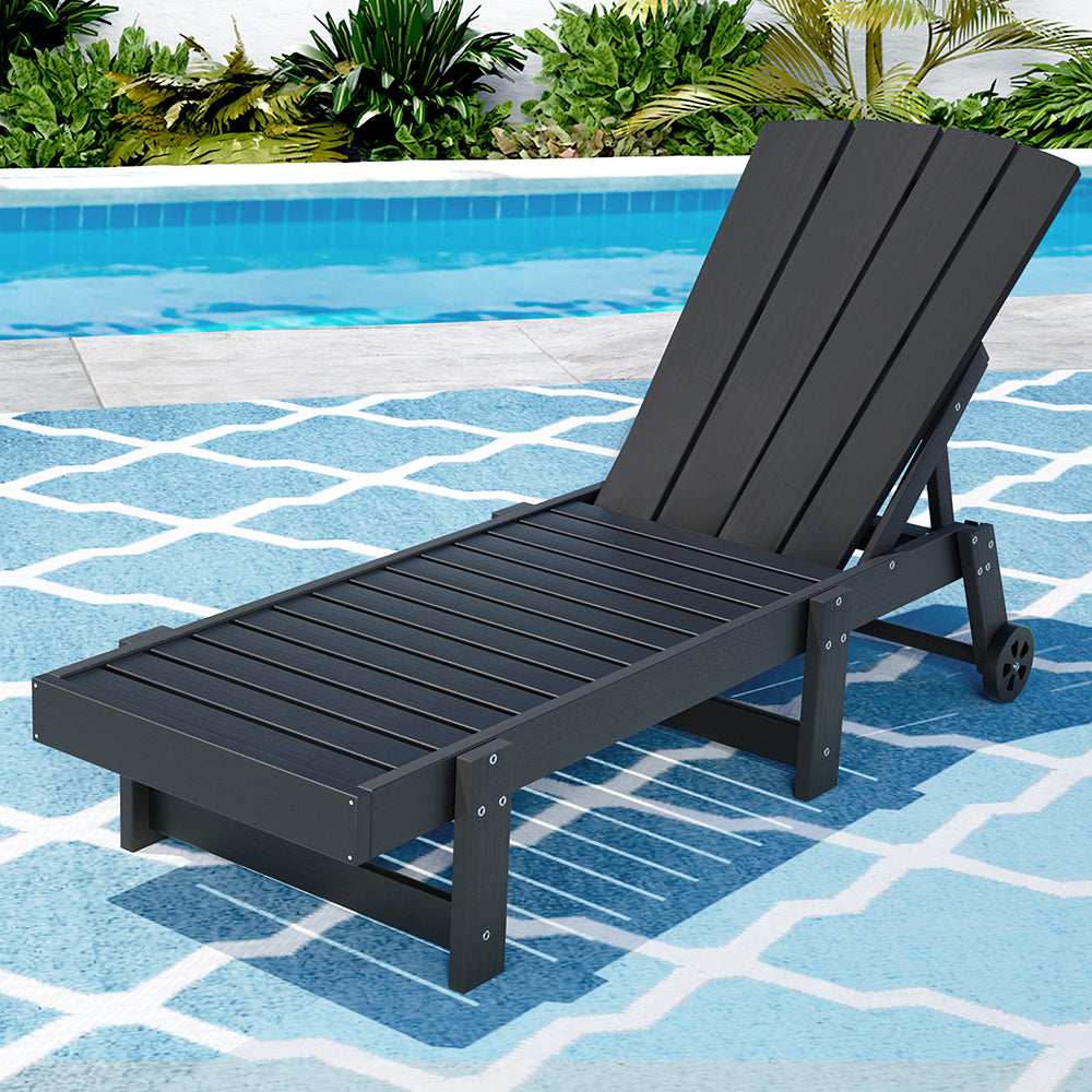 Gardeon Sun Lounge Beach Chair HDPE Adirondack Lounger Patio Outdoor Furniture with Wheels Black FF-LOUNGE-ADHE-BK