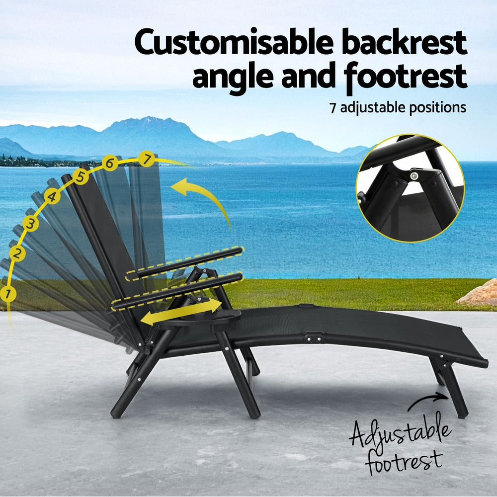 Gardeon Sun Lounge Outdoor Lounger Aluminium Folding Beach Chair Camping Patio FF-LOUNGE-ALU-FOLD-BK