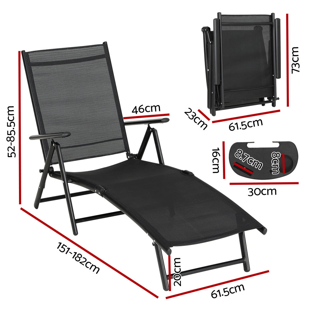 Gardeon Sun Lounge Outdoor Lounger Aluminium Folding Beach Chair Camping Patio FF-LOUNGE-ALU-FOLD-BK