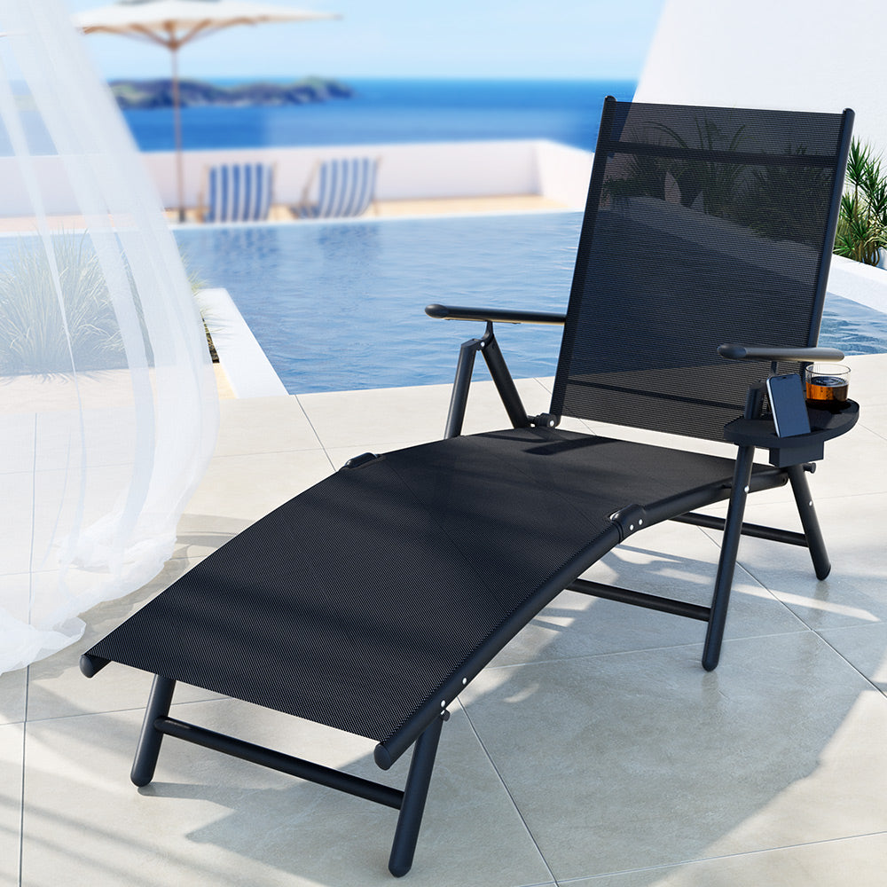 Gardeon Sun Lounge Outdoor Lounger Aluminium Folding Beach Chair Camping Patio FF-LOUNGE-ALU-FOLD-BK