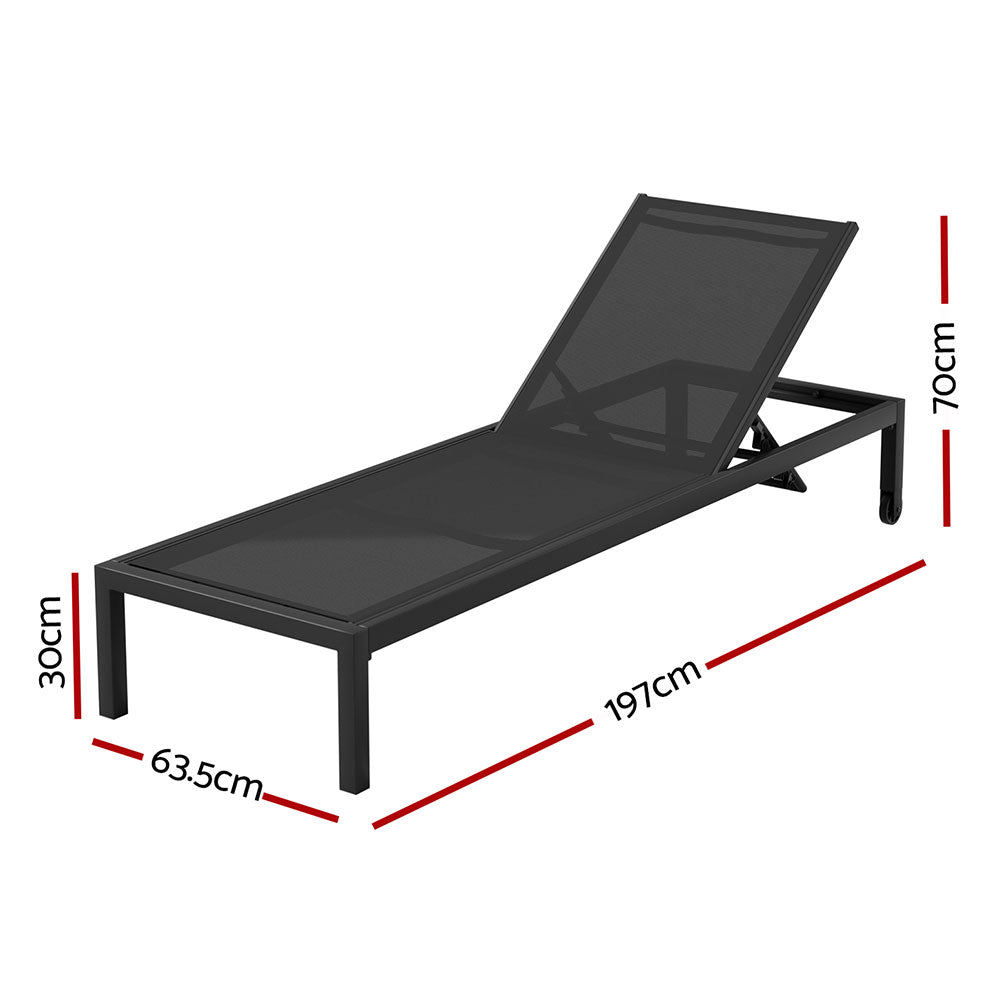 Gardeon Sun Lounge Outdoor Lounger Aluminium Folding Beach Chair Wheels Black FF-LOUNGE-ALU-WHEEL-BK