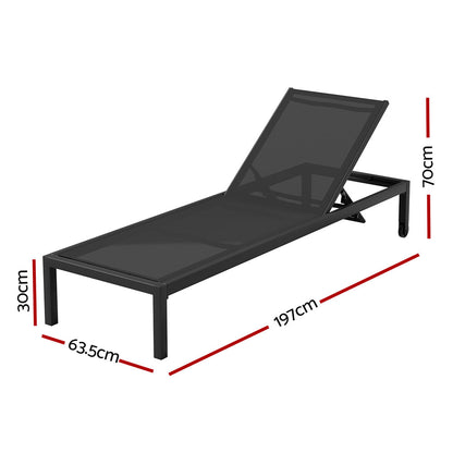 Gardeon Sun Lounge Outdoor Lounger Aluminium Folding Beach Chair Wheels Black FF-LOUNGE-ALU-WHEEL-BK