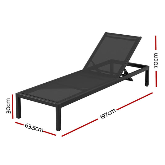 Gardeon Sun Lounge Outdoor Lounger Aluminium Folding Beach Chair Wheels Black FF-LOUNGE-ALU-WHEEL-BK