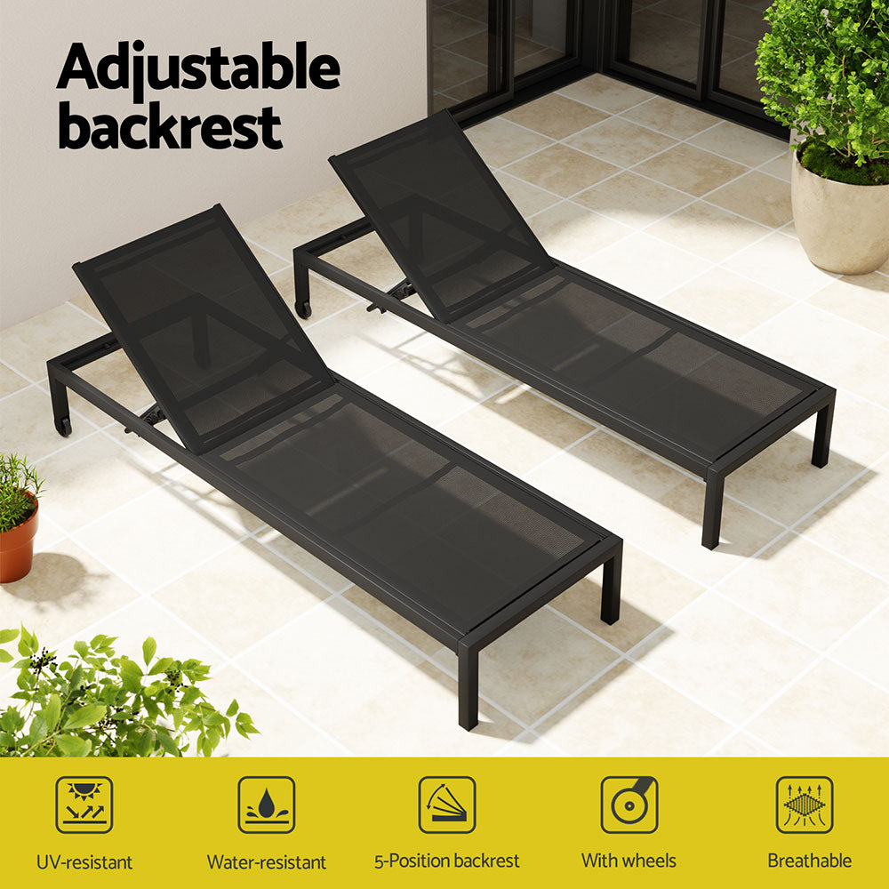 Gardeon Sun Lounge Outdoor Lounger Aluminium Folding Beach Chair Wheels Black FF-LOUNGE-ALU-WHEEL-BK